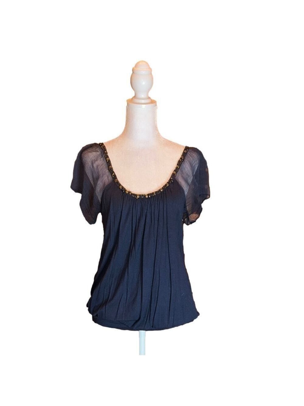 MATTY M Adorable Dark Blue Top with Sheer Sleeves and Bling Neckline Size XS